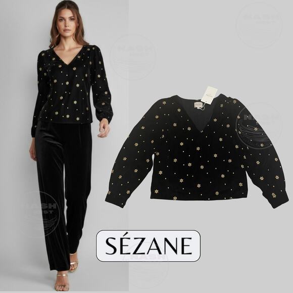 Sézane 36 Galeo Velvet Blouse | Black Gold Embroidered Flowers, US 4 S, NWT - Picture 1 of 15